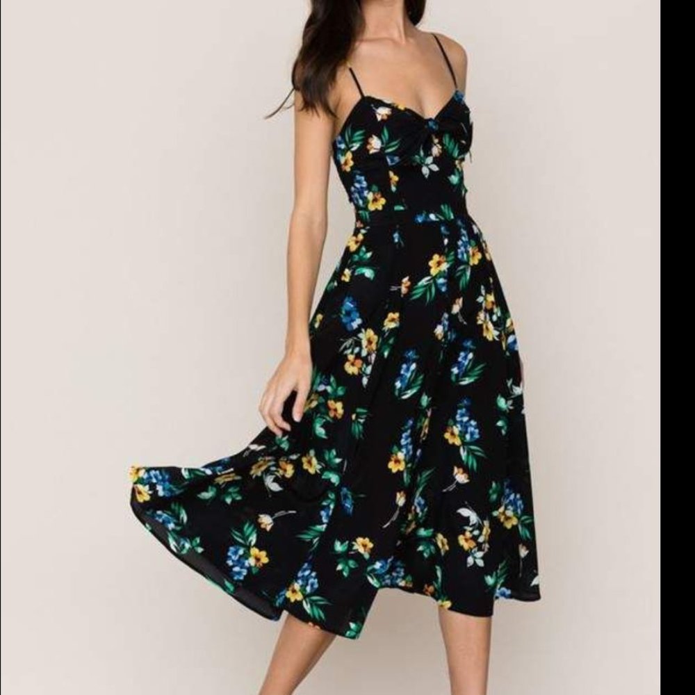 Yumi Kim Black Midi Silk Floral Dress, Size M